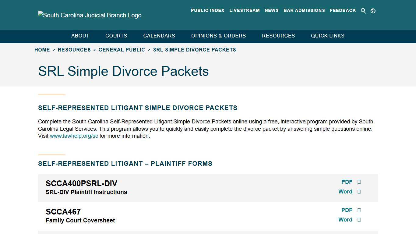 SRL Simple Divorce Packets - South Carolina Judicial Branch
